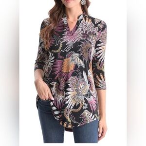 Woman's Colorful Floral Feather Top Tunic Plus Size 2XL 3/4 Sleeve